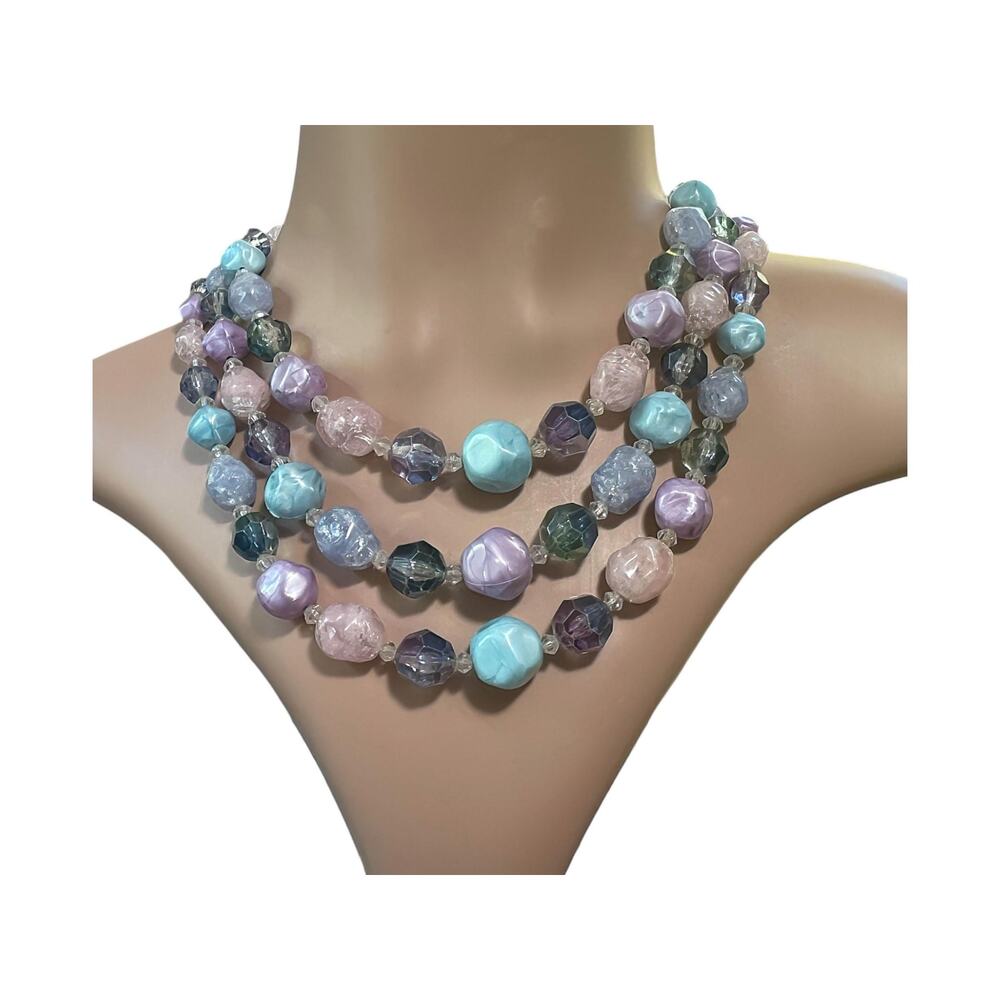 60s Coro 3 Strand Pastel Color Chunky Plastic Lucite Beaded Adjustable Necklace